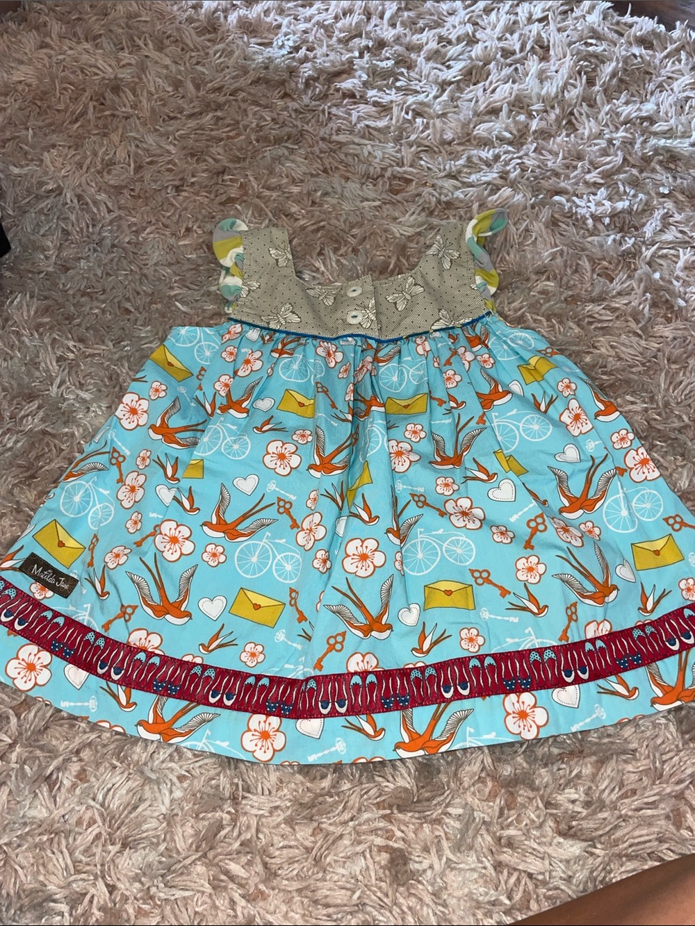 Matilda Jane Aqua Bird & Floral Print Sundress with Coral Trim